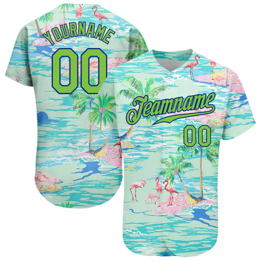 Custom Lakes Blue Neon Green-Royal 3D Pattern Design Beach Hawaii Palm Trees And Flamingo Authentic Baseball Jersey - Sky-Custom