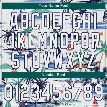 Custom White Navy 3D Pattern Design Hawaii Palm Trees Island And Sailboat Authentic Baseball Jersey - Sky-Custom