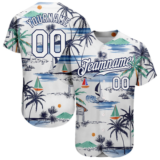 Custom White Navy 3D Pattern Design Hawaii Palm Trees Island And Sailboat Authentic Baseball Jersey - Sky-Custom