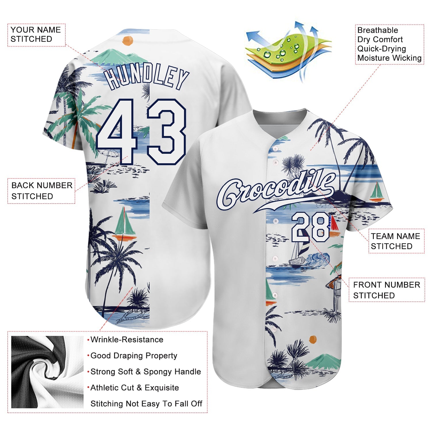 Custom White Navy 3D Pattern Design Hawaii Palm Trees Island And Sailboat Authentic Baseball Jersey - Sky-Custom