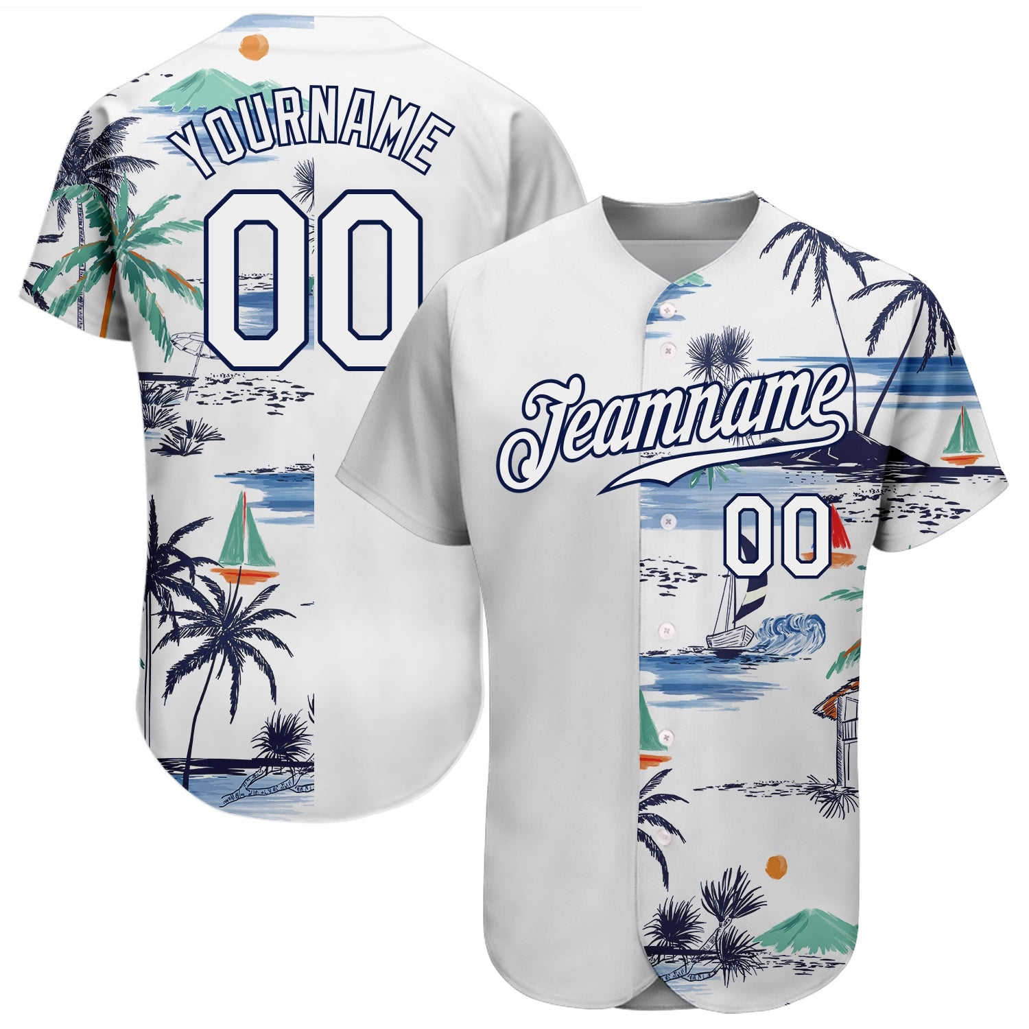 Custom White Navy 3D Pattern Design Hawaii Palm Trees Island And Sailboat Authentic Baseball Jersey - Sky-Custom