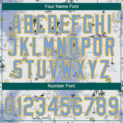 Custom White Light Blue-Yellow 3D Pattern Design Beach Hawaii Palm Trees And Island Authentic Baseball Jersey - Sky-Custom