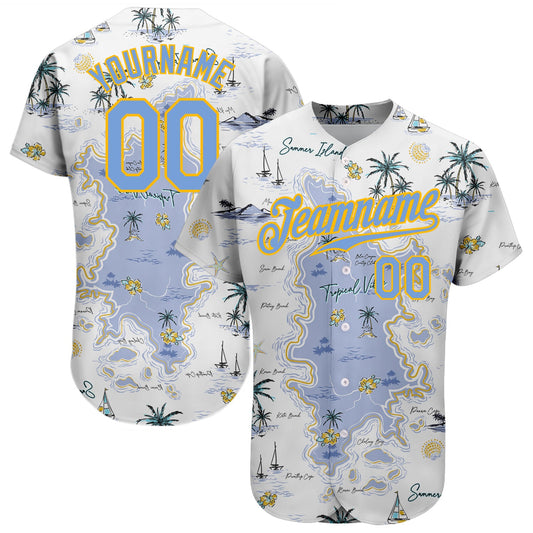 Custom White Light Blue-Yellow 3D Pattern Design Beach Hawaii Palm Trees And Island Authentic Baseball Jersey - Sky-Custom