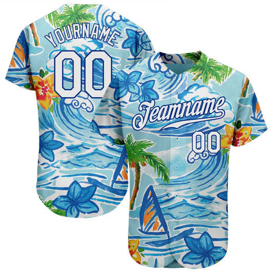 Custom White Royal 3D Pattern Design Beach Hawaii Palm Trees And Flowers Authentic Baseball Jersey - Sky-Custom