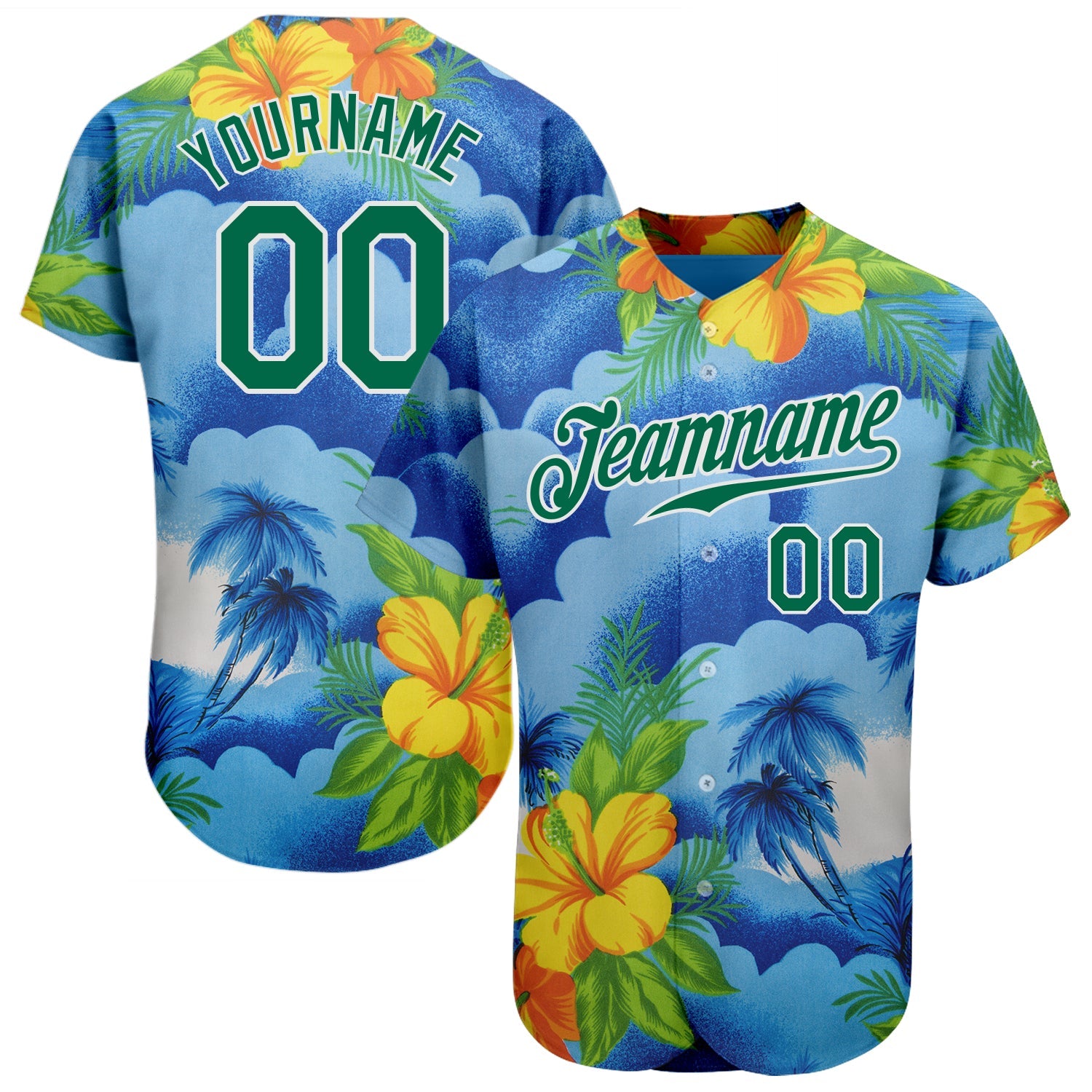 Custom White Kelly Green 3D Pattern Design Beach Hawaii Palm Trees And Flowers Authentic Baseball Jersey - Sky-Custom