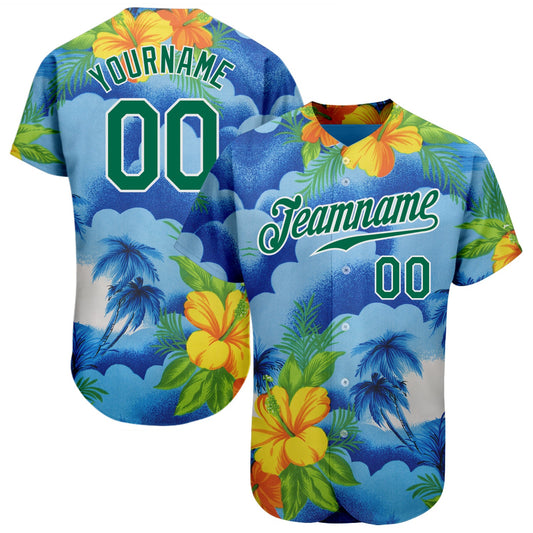 Custom White Kelly Green 3D Pattern Design Beach Hawaii Palm Trees And Flowers Authentic Baseball Jersey - Sky-Custom