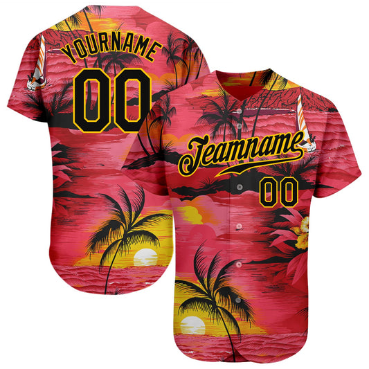 Custom Red Black-Yellow 3D Pattern Design Sun Beach Hawaii Palm Trees Authentic Baseball Jersey - Sky-Custom