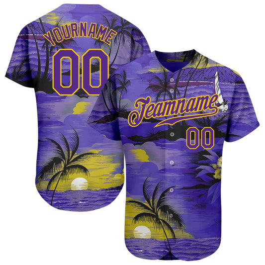 Custom Purple Yellow 3D Pattern Design Sun Beach Hawaii Palm Trees Authentic Baseball Jersey - Sky-Custom