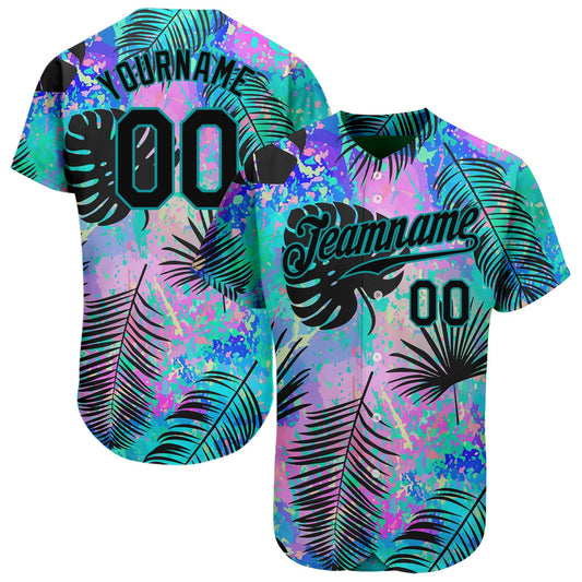 Custom Teal Black 3D Pattern Design Hawaii Palm Leaves Authentic Baseball Jersey - Sky-Custom