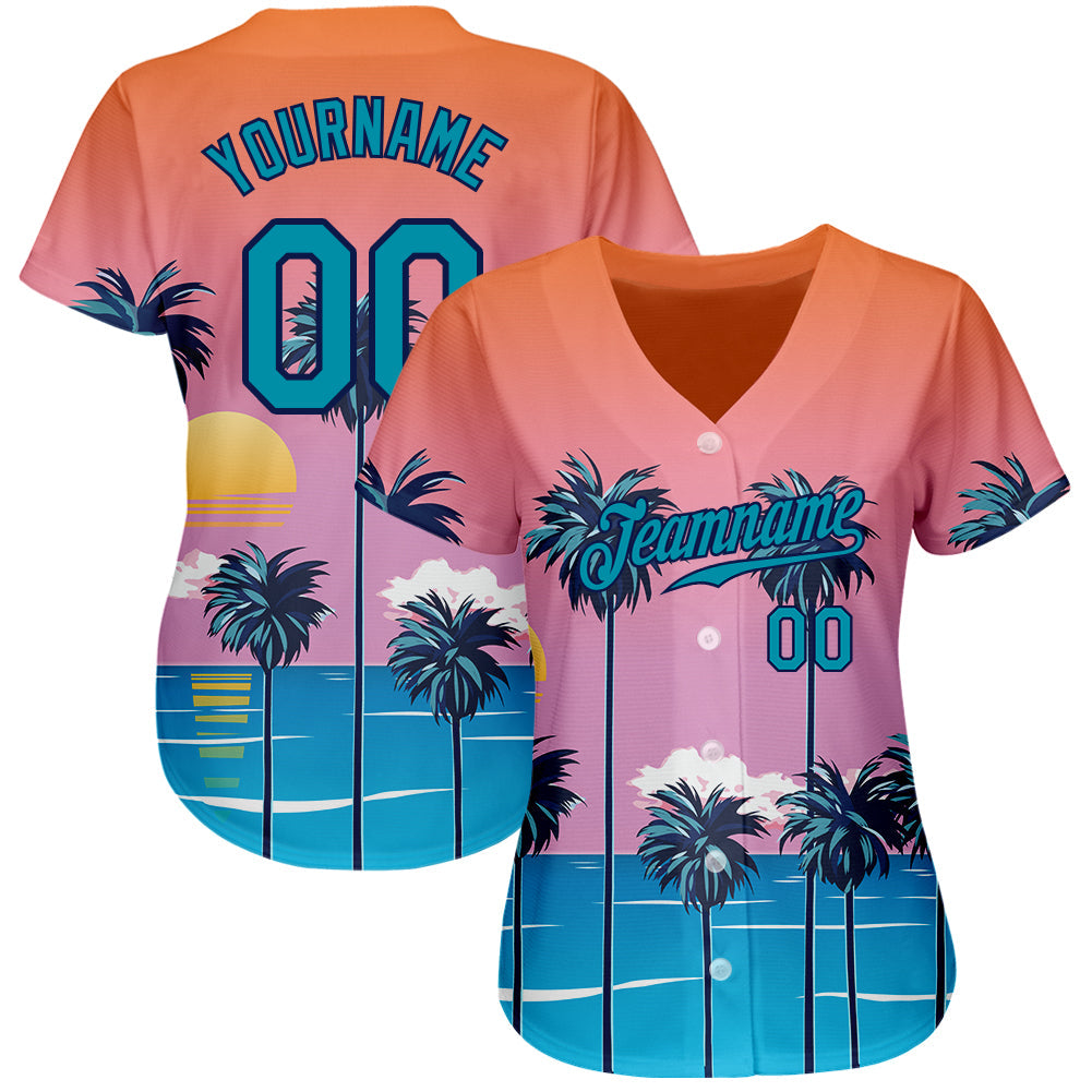 Custom Orange Teal-Navy 3D Pattern Design Sun Beach Hawaii Palm Trees Authentic Baseball Jersey - Sky-Custom