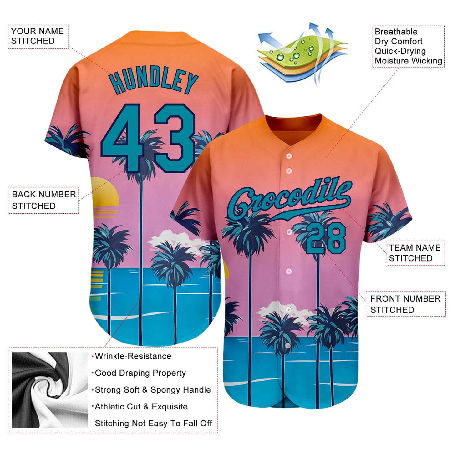 Custom Orange Teal-Navy 3D Pattern Design Sun Beach Hawaii Palm Trees Authentic Baseball Jersey - Sky-Custom