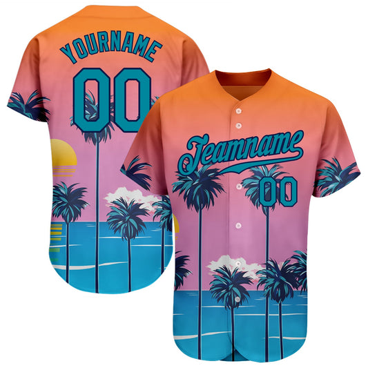 Custom Orange Teal-Navy 3D Pattern Design Sun Beach Hawaii Palm Trees Authentic Baseball Jersey - Sky-Custom