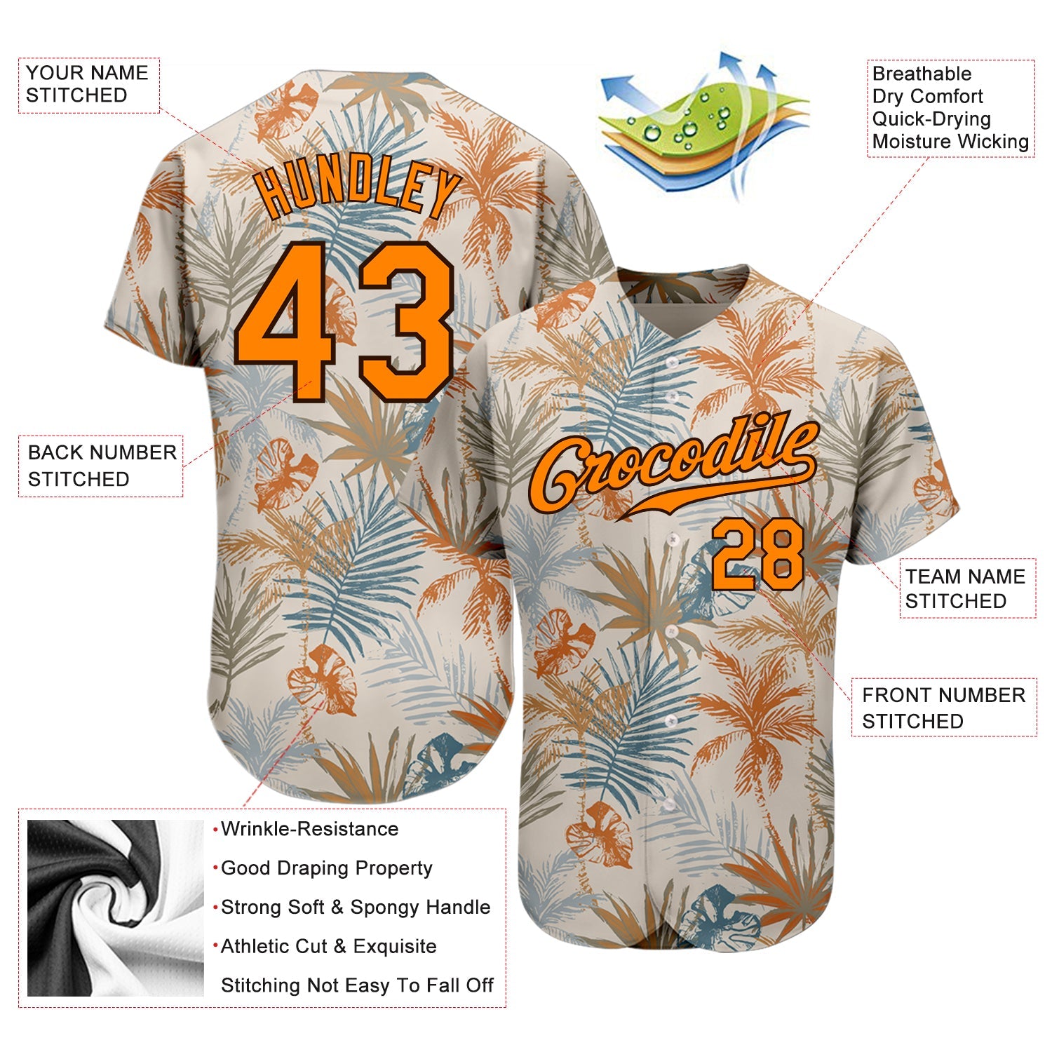 Custom Cream Bay Orange-Brown 3D Pattern Design Hawaii Palm Leaves Authentic Baseball Jersey - Sky-Custom