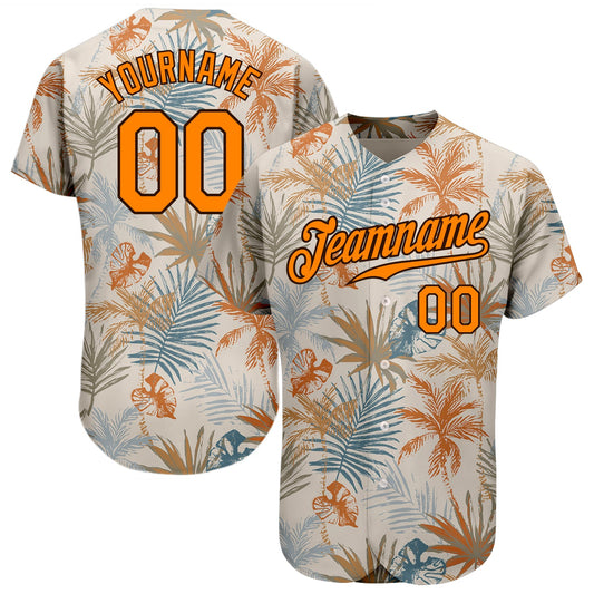 Custom Cream Bay Orange-Brown 3D Pattern Design Hawaii Palm Leaves Authentic Baseball Jersey - Sky-Custom