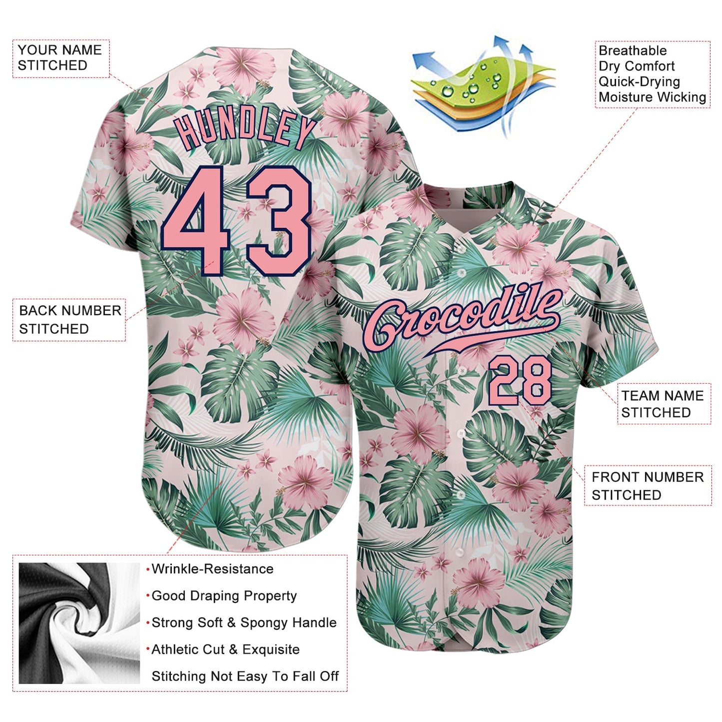 Custom White Medium Pink-Navy 3D Pattern Design Hawaii Palm Leaves And Flowers Authentic Baseball Jersey - Sky-Custom