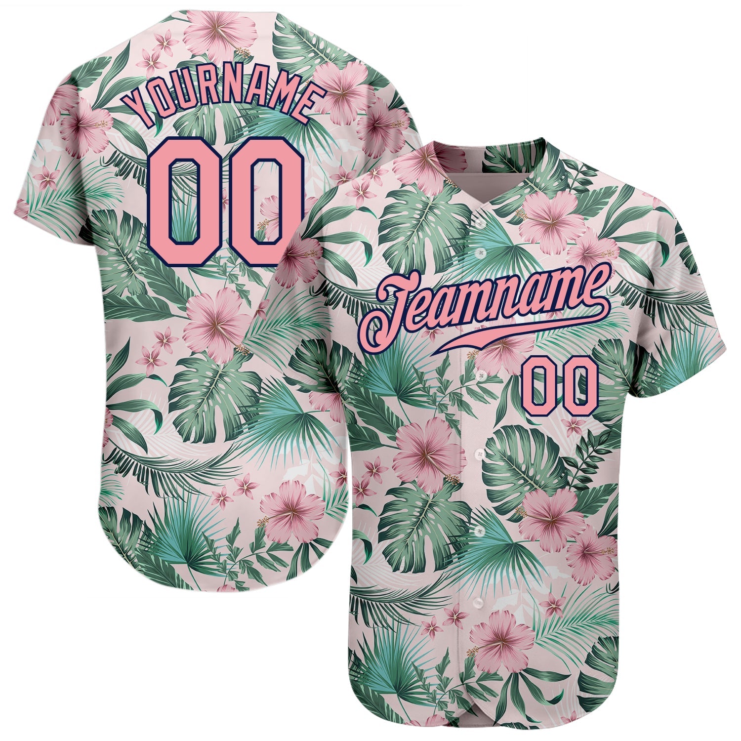 Custom White Medium Pink-Navy 3D Pattern Design Hawaii Palm Leaves And Flowers Authentic Baseball Jersey - Sky-Custom