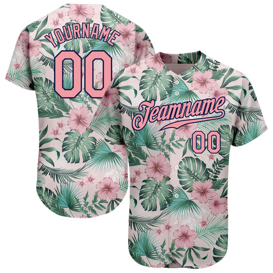 Custom White Medium Pink-Navy 3D Pattern Design Hawaii Palm Leaves And Flowers Authentic Baseball Jersey - Sky-Custom