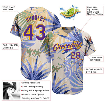 Custom White Purple-Gold 3D Pattern Design Hawaii Palm Leaves And Flowers Authentic Baseball Jersey - Sky-Custom