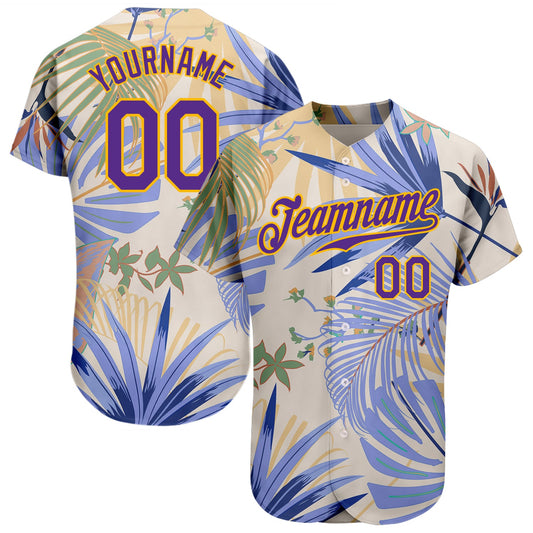 Custom White Purple-Gold 3D Pattern Design Hawaii Palm Leaves And Flowers Authentic Baseball Jersey - Sky-Custom