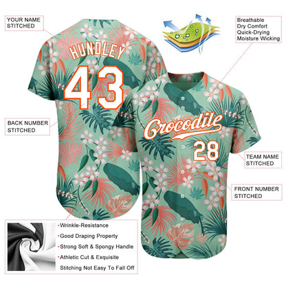 Custom Teal White-Orange 3D Pattern Design Hawaii Palm Leaves And Flowers Authentic Baseball Jersey - Sky-Custom