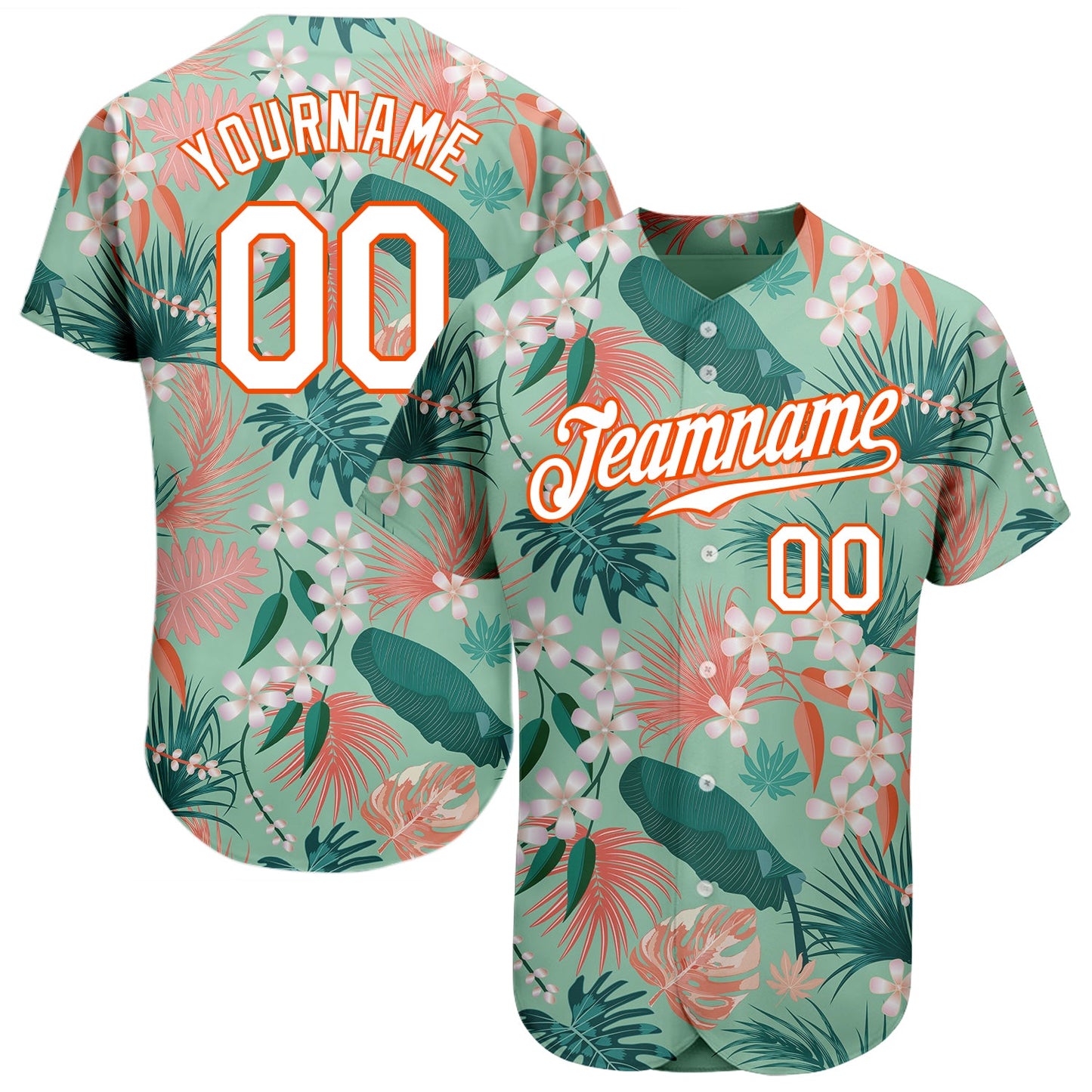 Custom Teal White-Orange 3D Pattern Design Hawaii Palm Leaves And Flowers Authentic Baseball Jersey - Sky-Custom