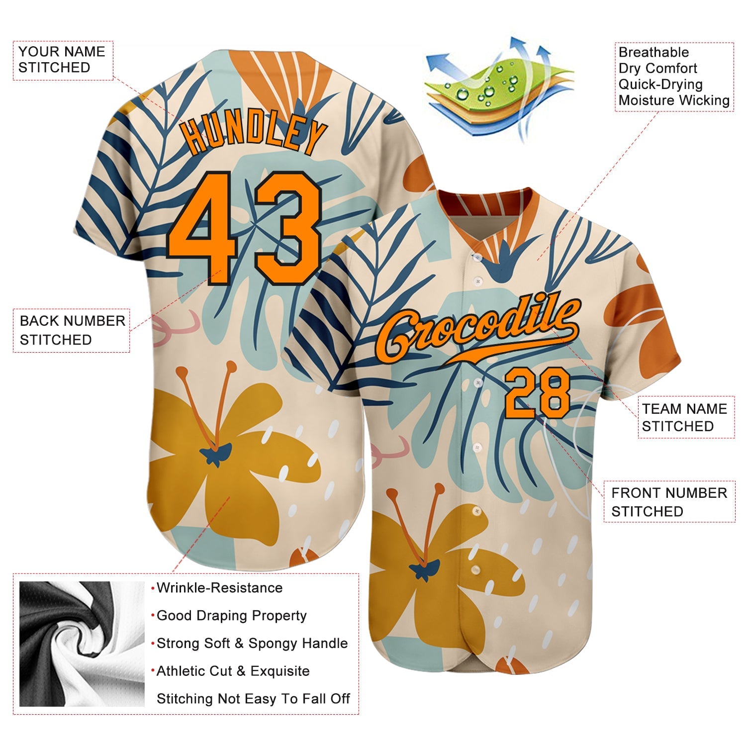 Custom Cream Bay Orange-Black 3D Pattern Design Hawaii Palm Leaves And Flowers Authentic Baseball Jersey - Sky-Custom