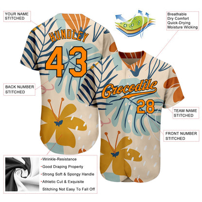 Custom Cream Bay Orange-Black 3D Pattern Design Hawaii Palm Leaves And Flowers Authentic Baseball Jersey - Sky-Custom