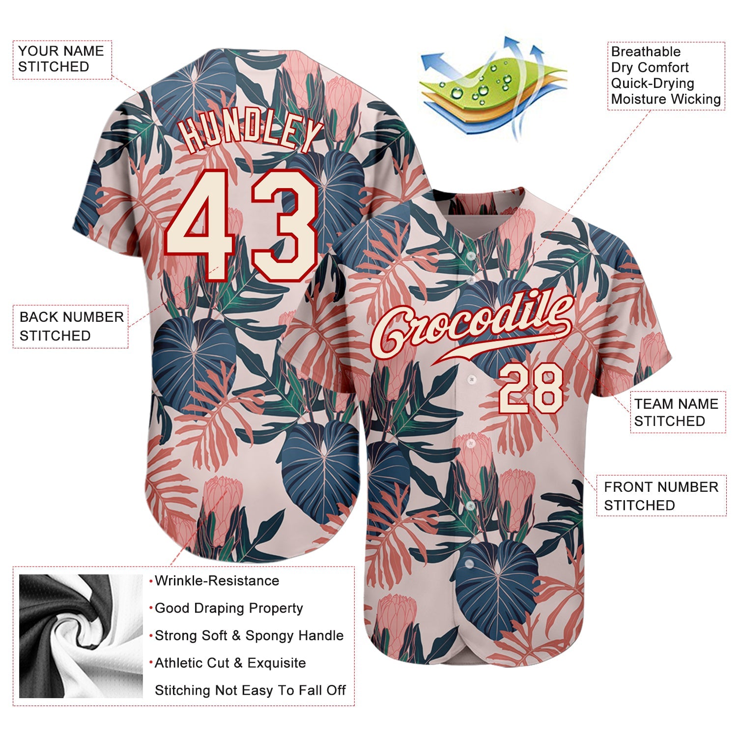 Custom Cream Red 3D Pattern Design Hawaii Palm Leaves And Flowers Authentic Baseball Jersey - Sky-Custom