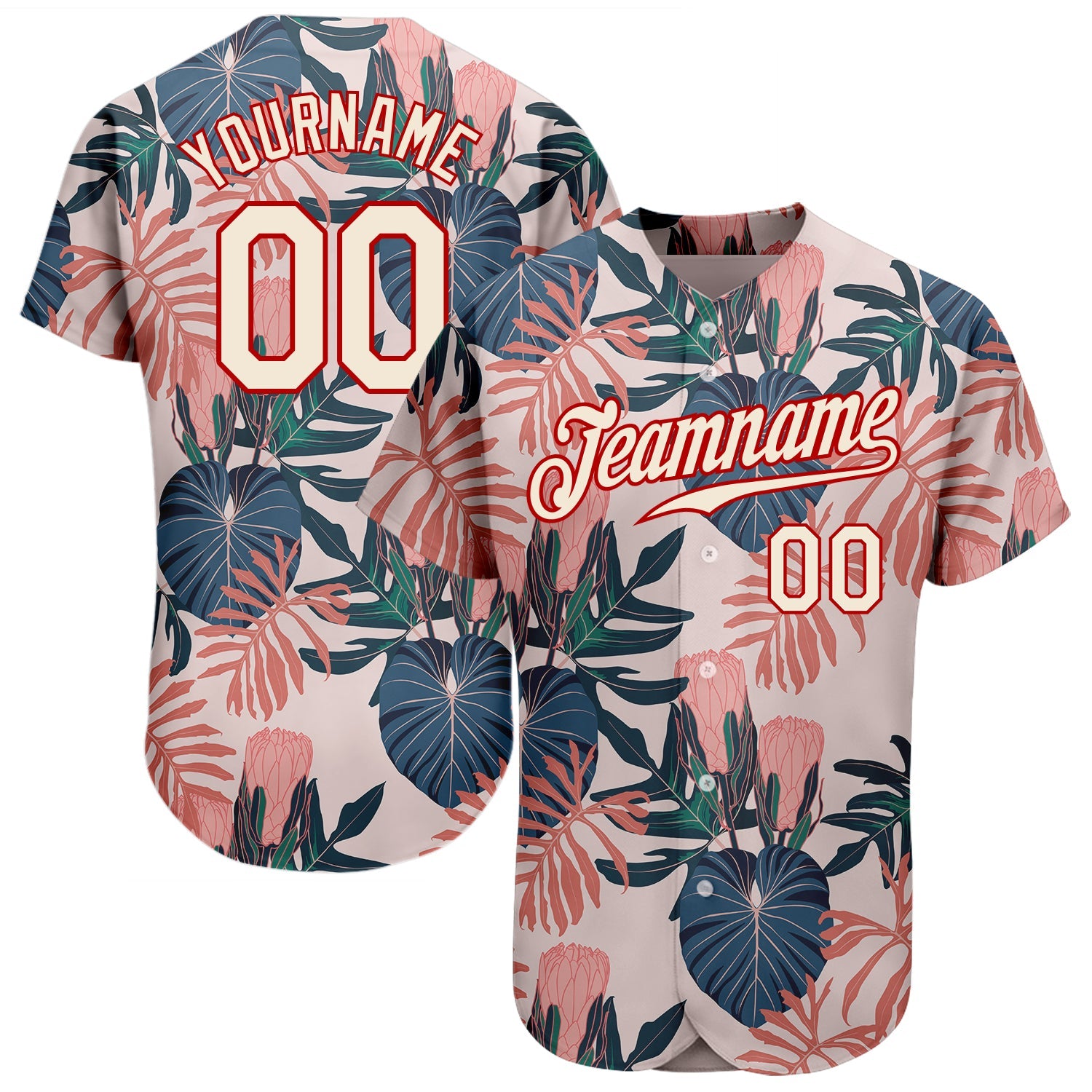 Custom Cream Red 3D Pattern Design Hawaii Palm Leaves And Flowers Authentic Baseball Jersey - Sky-Custom