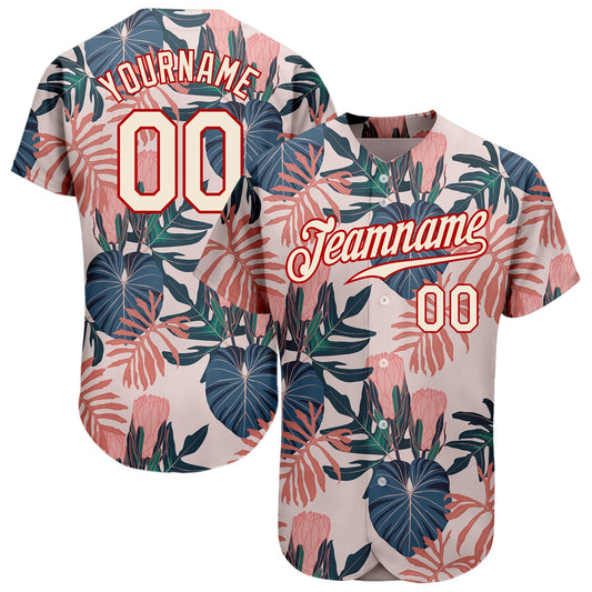 Custom Cream Red 3D Pattern Design Hawaii Palm Leaves And Flowers Authentic Baseball Jersey - Sky-Custom