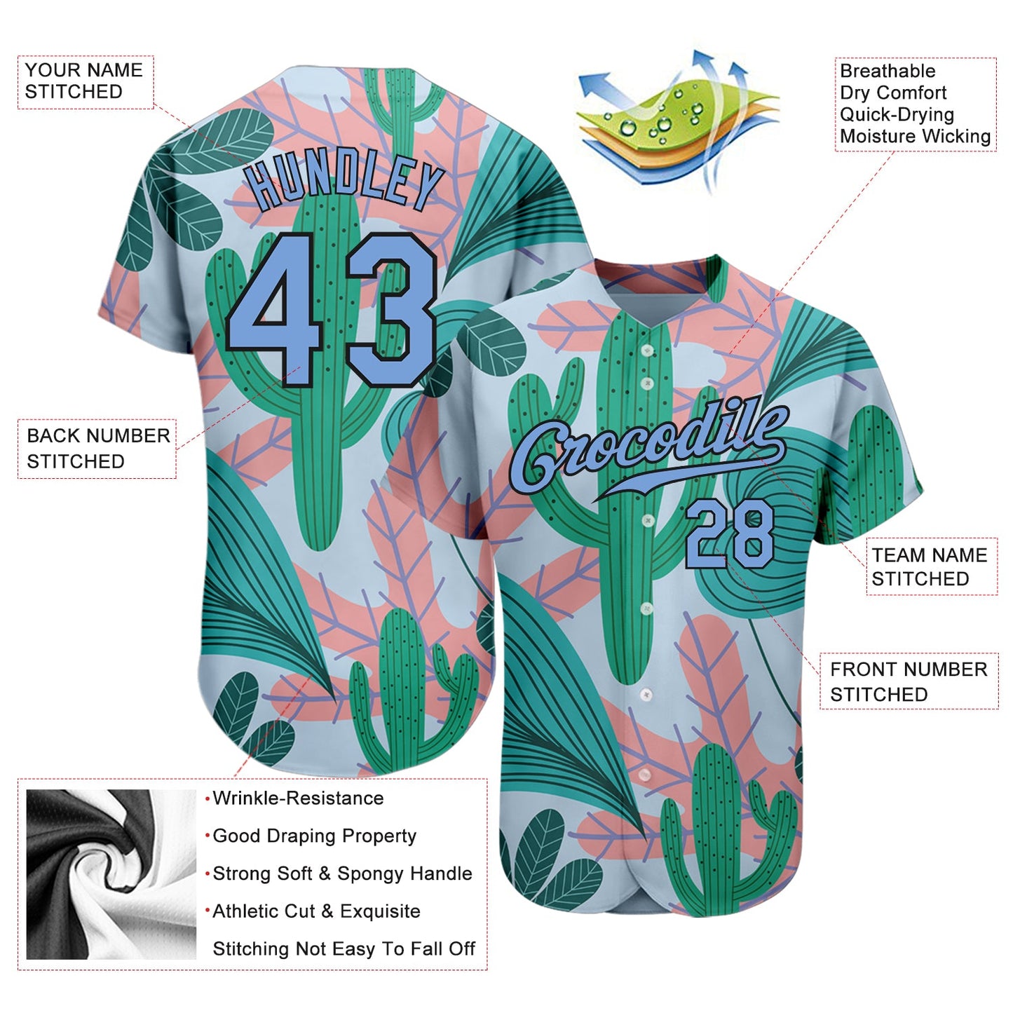 Custom Sky Blue Light Blue-Black 3D Pattern Design Cactus And Leaves Authentic Baseball Jersey - Sky-Custom