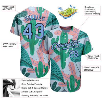 Custom Sky Blue Light Blue-Black 3D Pattern Design Cactus And Leaves Authentic Baseball Jersey - Sky-Custom