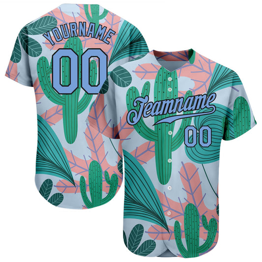 Custom Sky Blue Light Blue-Black 3D Pattern Design Cactus And Leaves Authentic Baseball Jersey - Sky-Custom