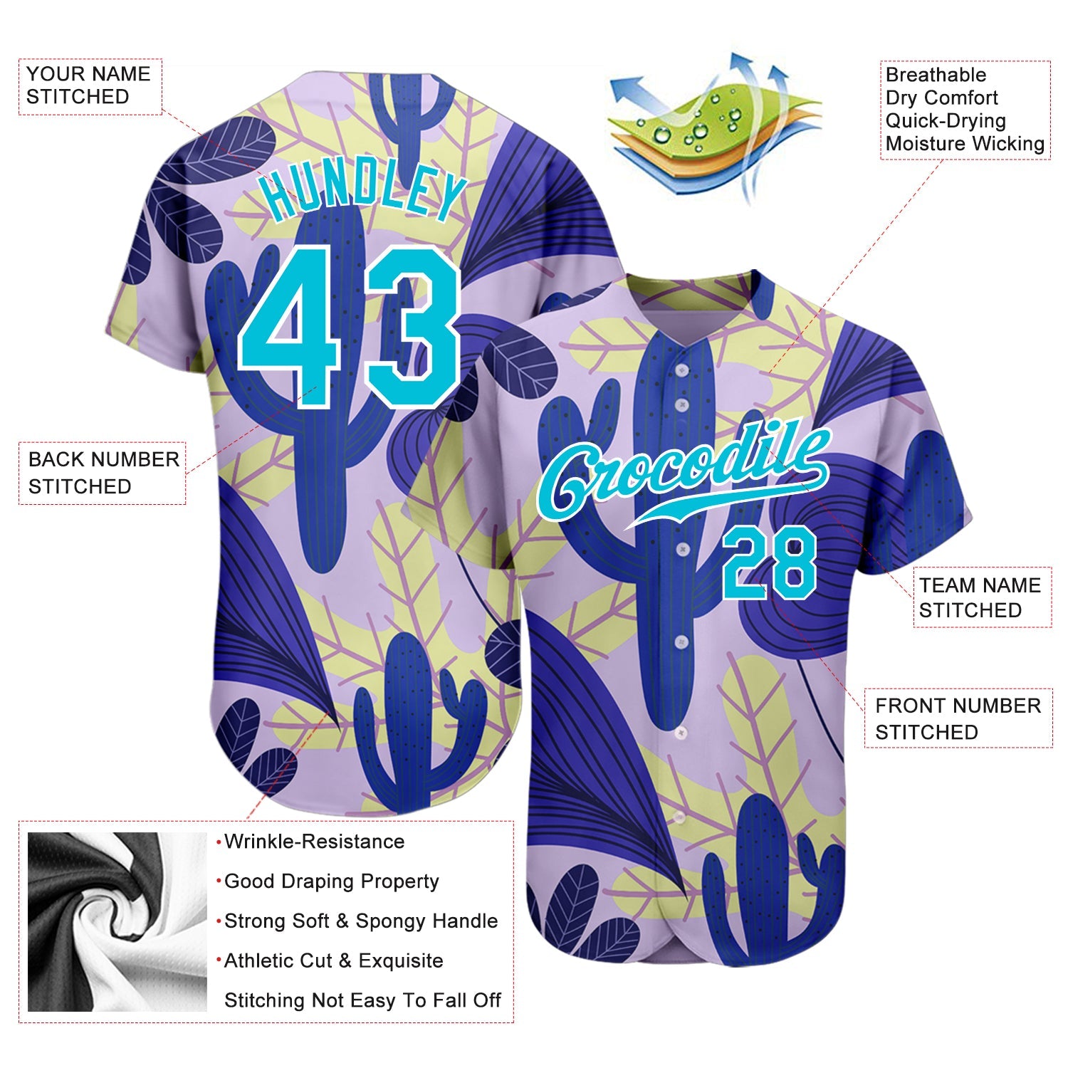 Custom Purple Lakes Blue-White 3D Pattern Design Cactus And Leaves Authentic Baseball Jersey - Sky-Custom