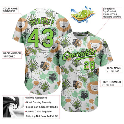 Custom White Neon Green-Black 3D Pattern Design Hawaii Palm Leaves And Lions Authentic Baseball Jersey - Sky-Custom