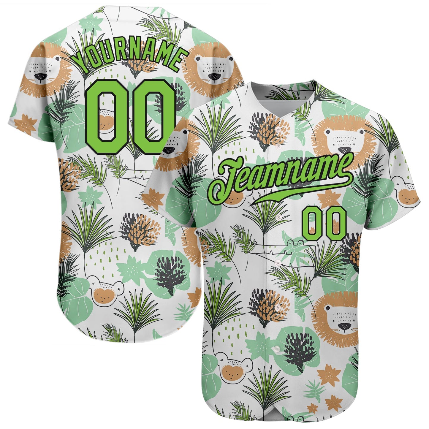 Custom White Neon Green-Black 3D Pattern Design Hawaii Palm Leaves And Lions Authentic Baseball Jersey - Sky-Custom