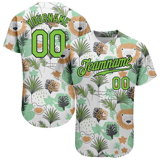 Custom White Neon Green-Black 3D Pattern Design Hawaii Palm Leaves And Lions Authentic Baseball Jersey - Sky-Custom