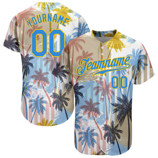 Custom White Electric Blue-Yellow 3D Pattern Design Hawaii Coconut Palms Authentic Baseball Jersey - Sky-Custom