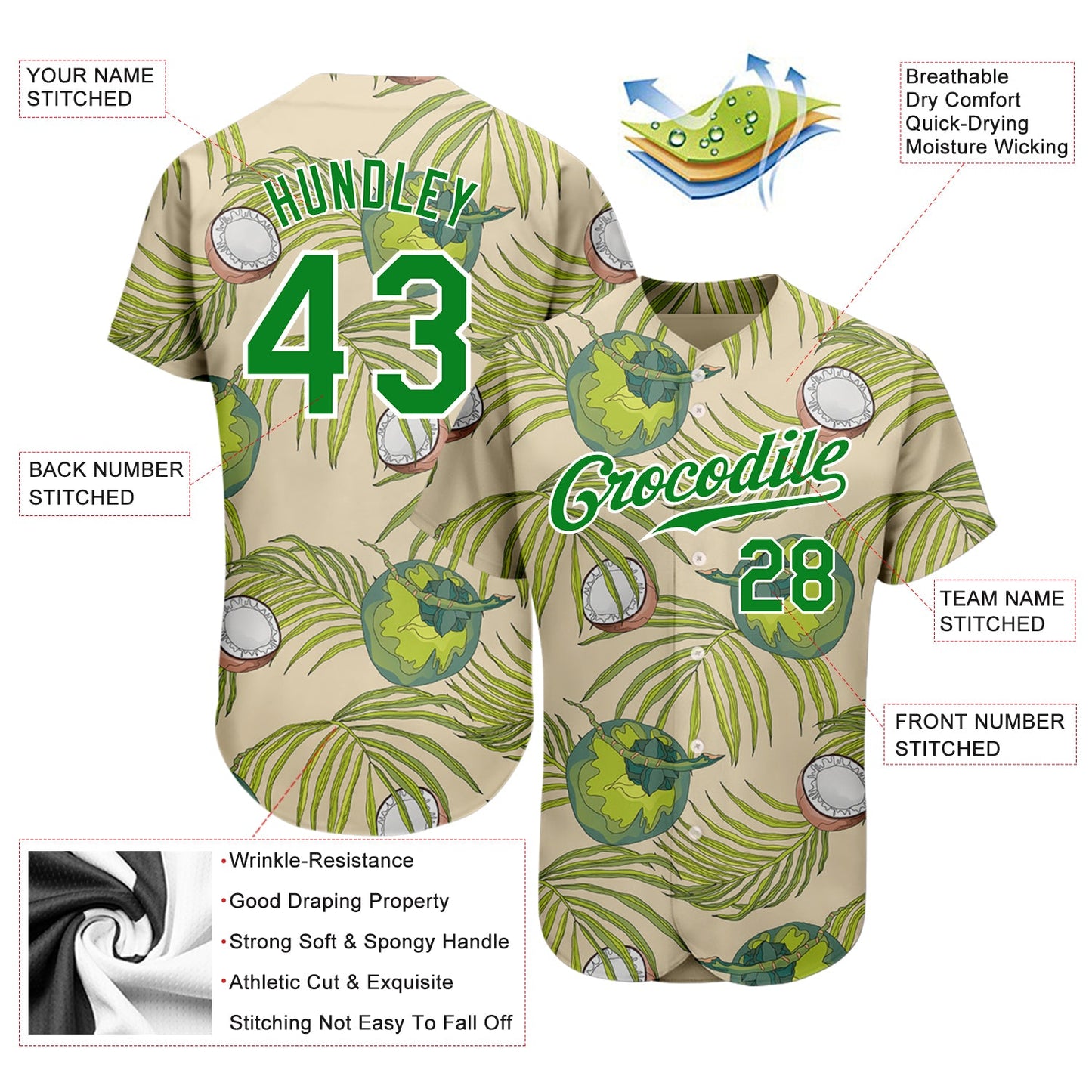 Custom Cream Grass Green-White 3D Pattern Design Coconuts And Leaves Authentic Baseball Jersey - Sky-Custom