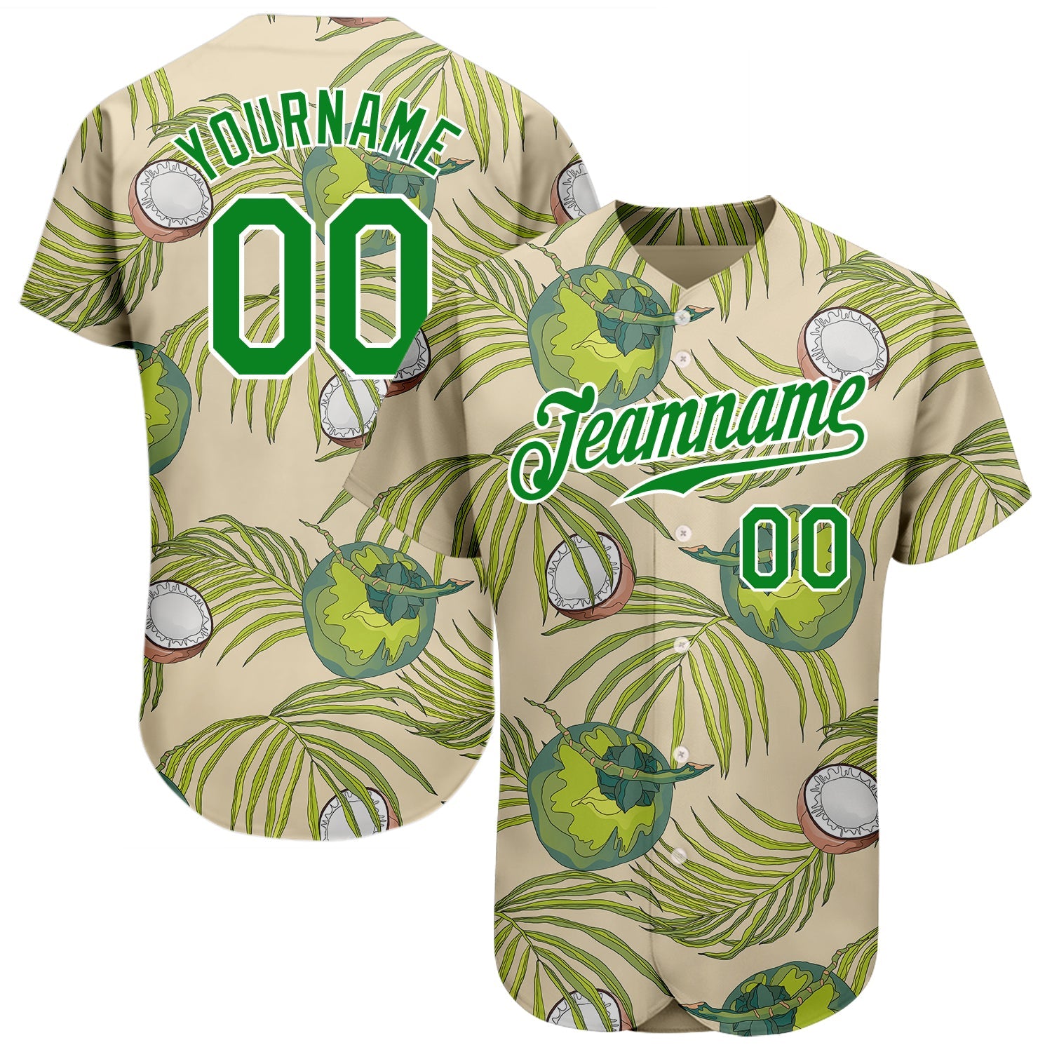 Custom Cream Grass Green-White 3D Pattern Design Coconuts And Leaves Authentic Baseball Jersey - Sky-Custom