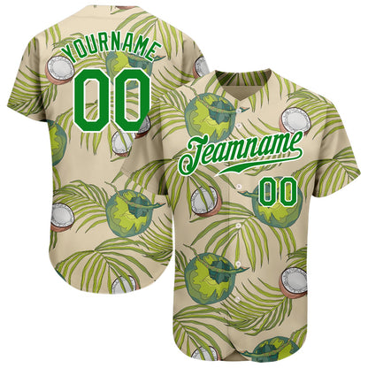 Custom Cream Grass Green-White 3D Pattern Design Coconuts And Leaves Authentic Baseball Jersey - Sky-Custom