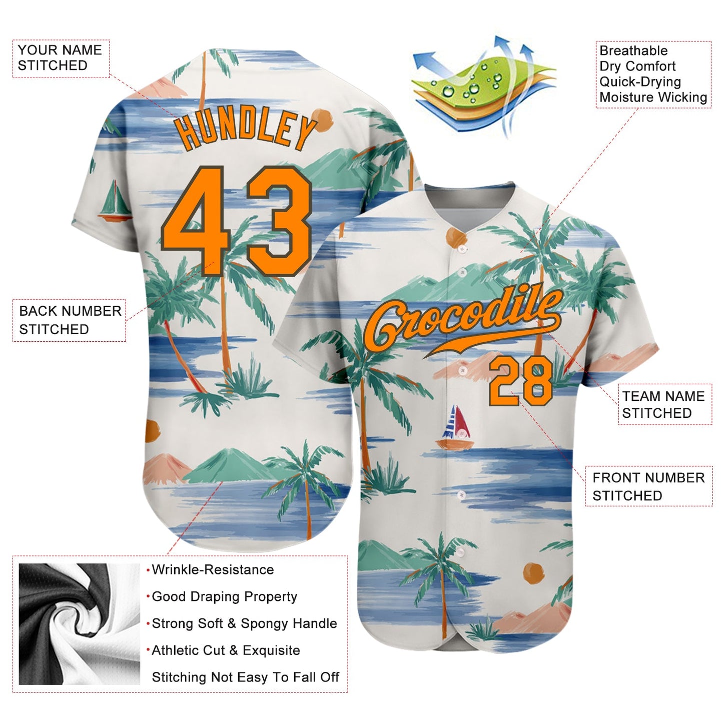 Custom Cream Bay Orange-Olive 3D Pattern Design Beach Coconut Palms Island And Sailboat Authentic Baseball Jersey - Sky-Custom