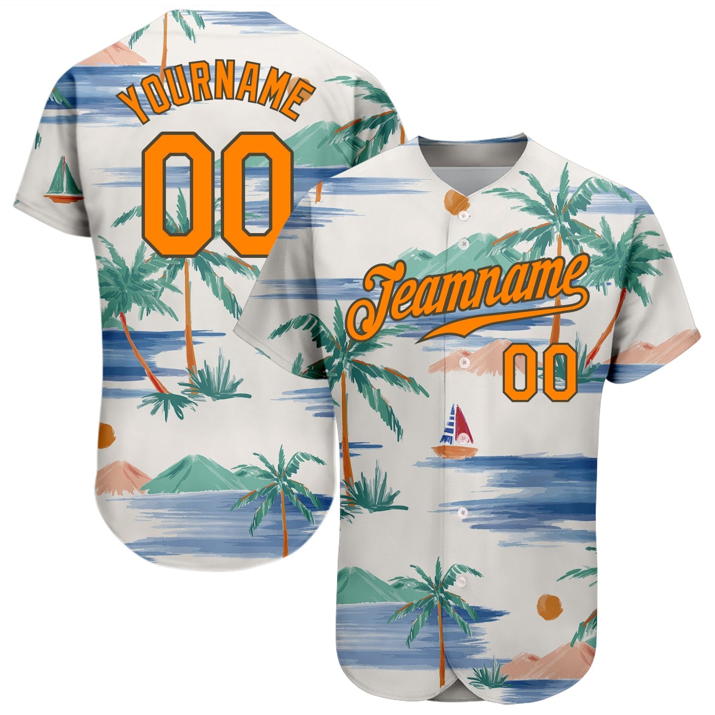 Custom Cream Bay Orange-Olive 3D Pattern Design Beach Coconut Palms Island And Sailboat Authentic Baseball Jersey - Sky-Custom