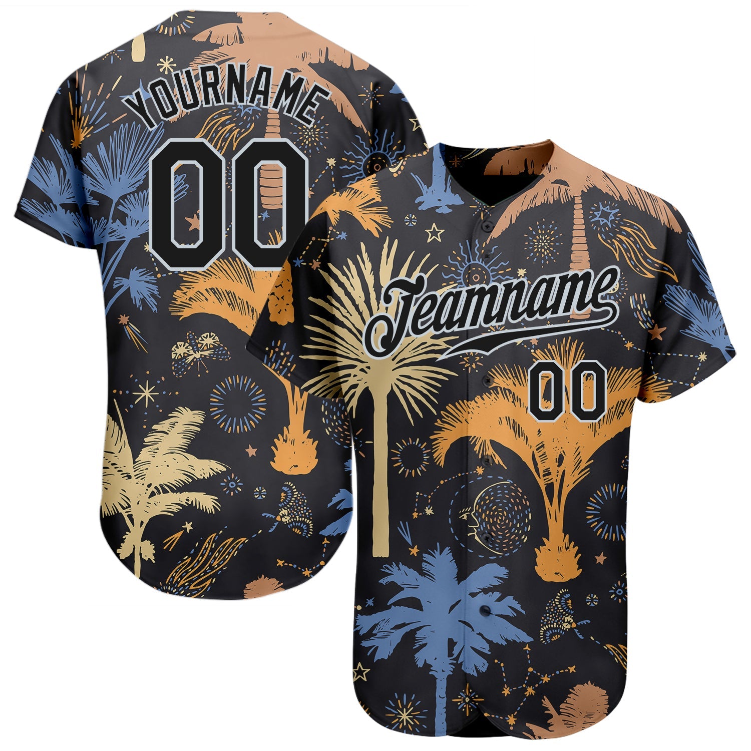 Custom Black Silver 3D Pattern Design Hawaii Palm Trees Authentic Baseball Jersey - Sky-Custom