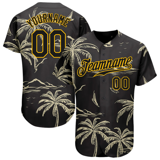 Custom Black Gold 3D Pattern Design Hawaii Palm Trees Island And Sailboat Authentic Baseball Jersey - Sky-Custom