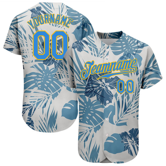 Custom White Electric Blue-Gold 3D Pattern Design Hawaii Palm Leaves And Flowers Authentic Baseball Jersey - Sky-Custom