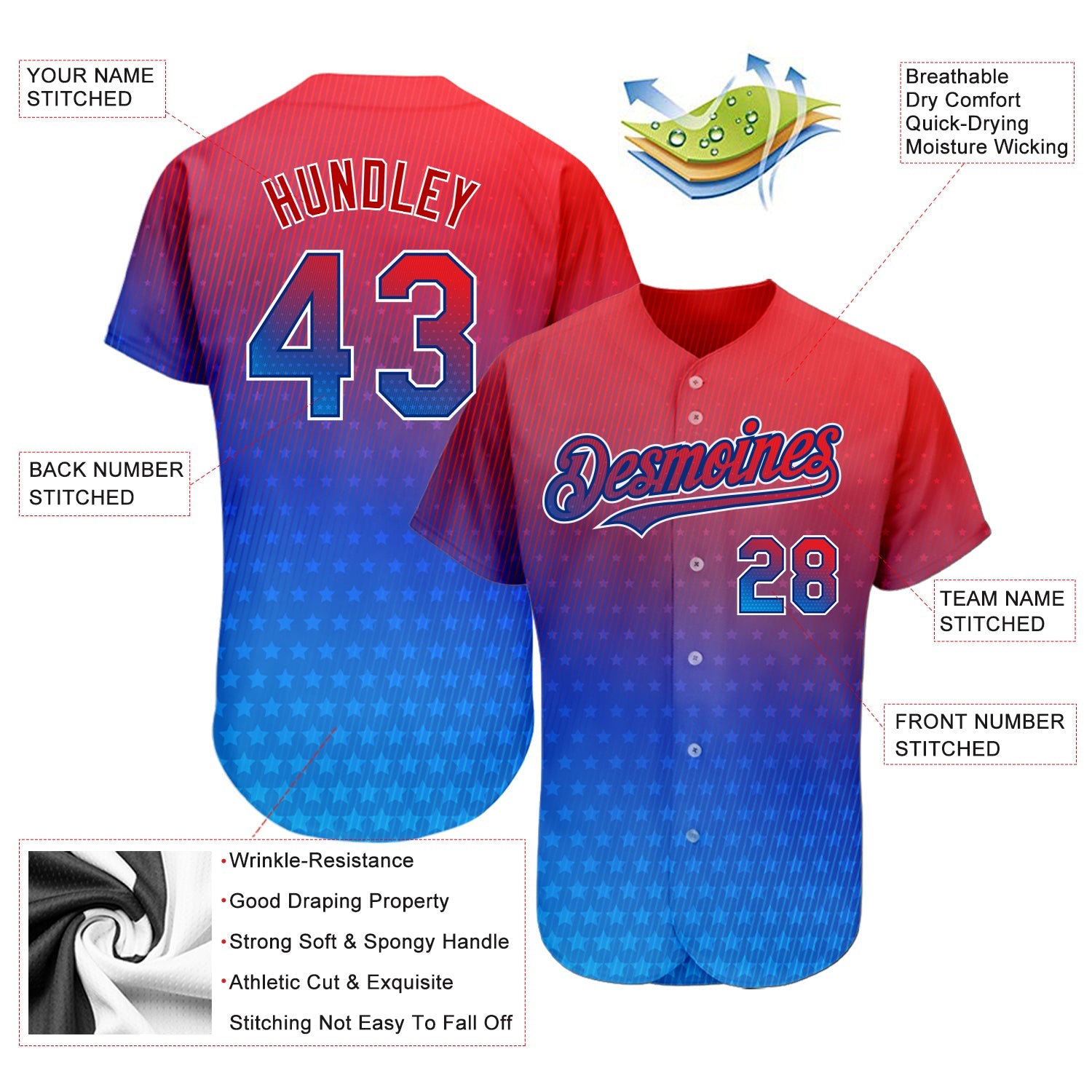 Custom Red Royal-White 3D American Flag Fashion Authentic Baseball Jersey - Sky-Custom