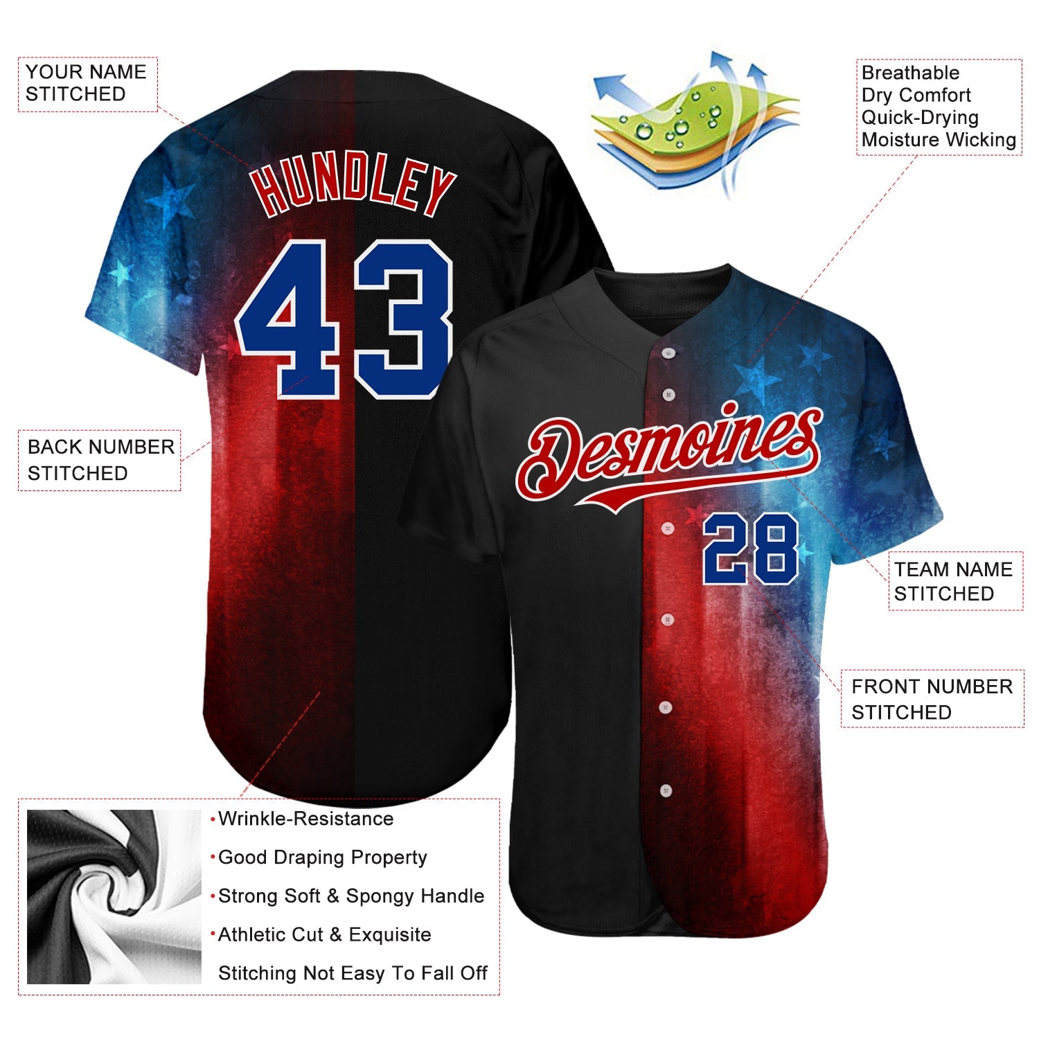Custom Black Royal-Red 3D American Flag Fashion Authentic Baseball Jersey - Sky-Custom