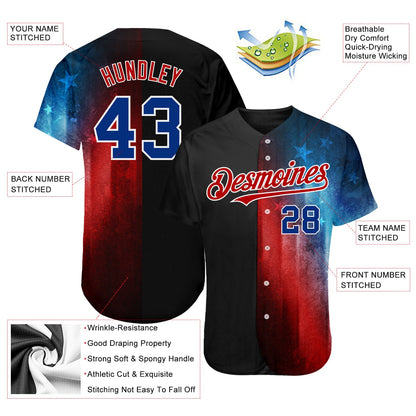 Custom Black Royal-Red 3D American Flag Fashion Authentic Baseball Jersey - Sky-Custom