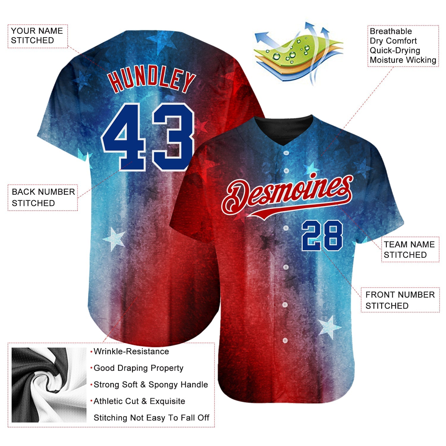 Custom Red Royal-Black 3D American Flag Fashion Authentic Baseball Jersey - Sky-Custom